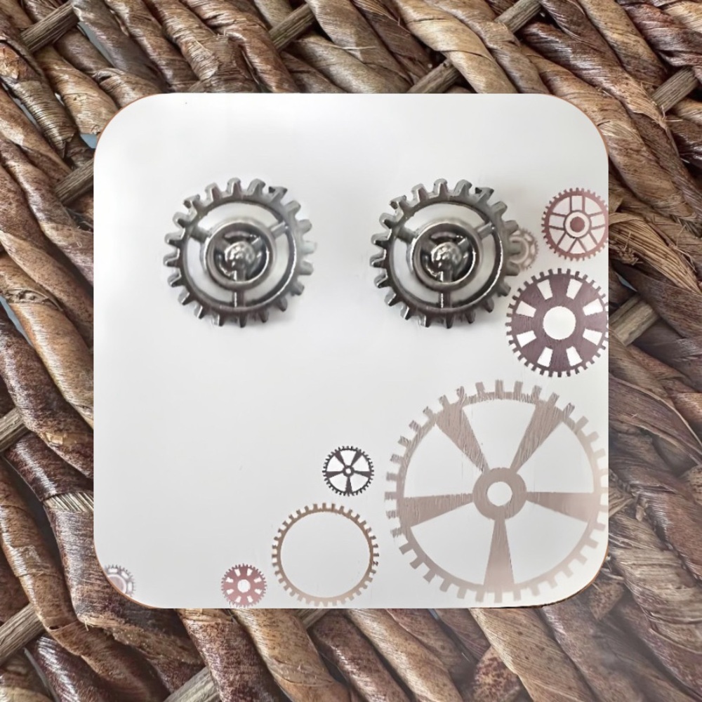 New Handmade Steampunk / Gear Stud Earrings (0.6" diameter) (Version 24)